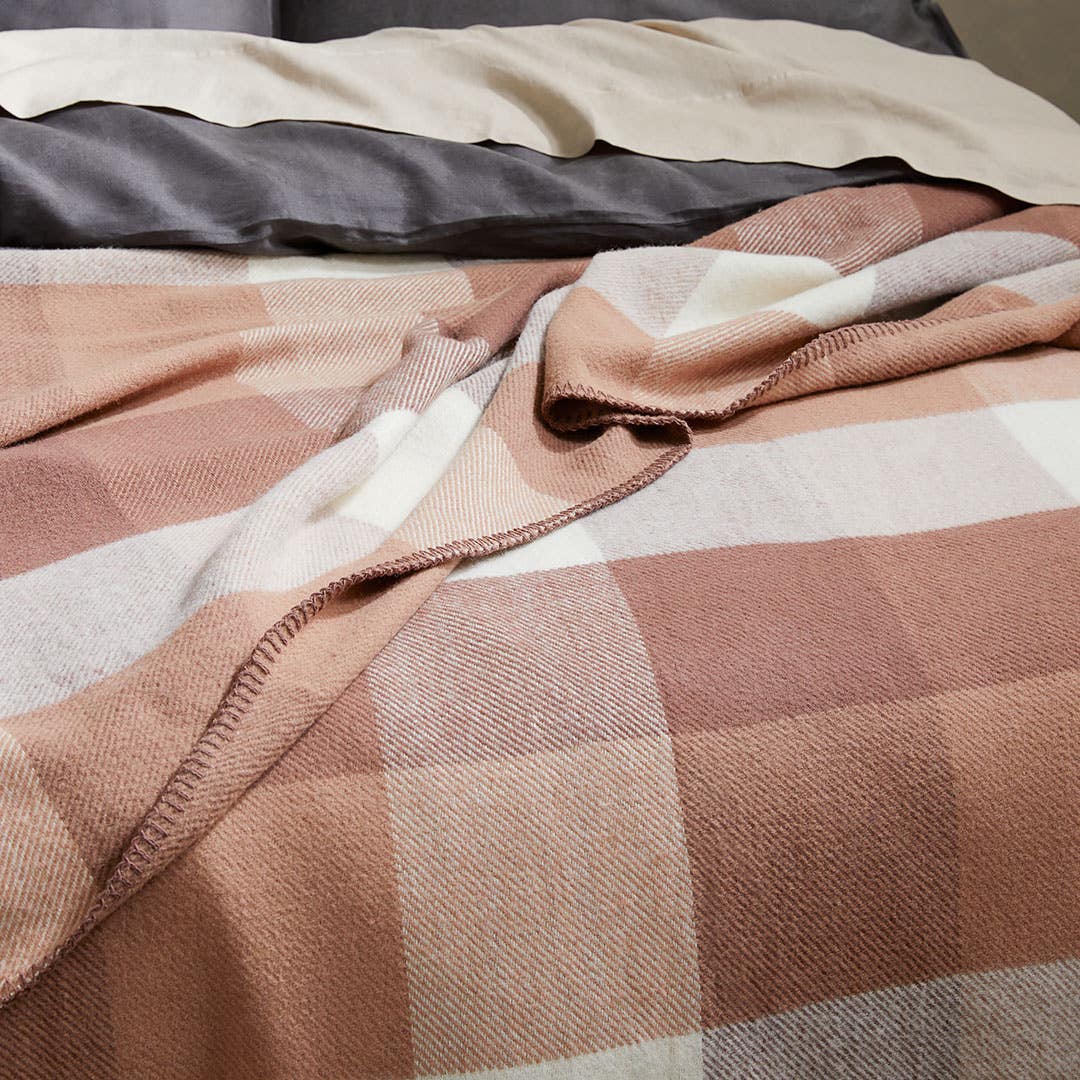 Lincoln Check Woollen Blanket - Clay/Ivory