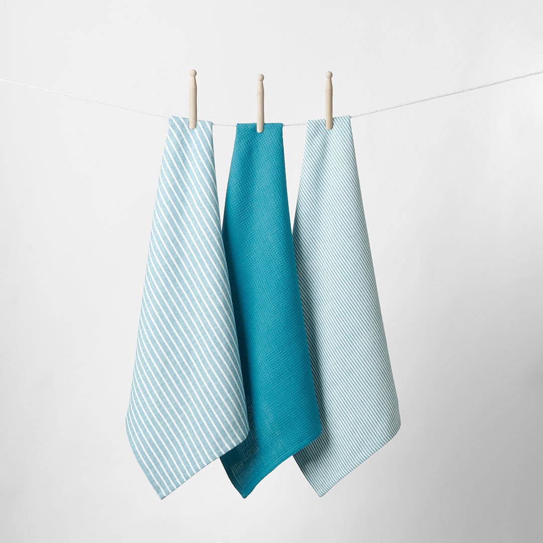 Yarn Dye Stripe Tea Towel Set Of 3 - Teal