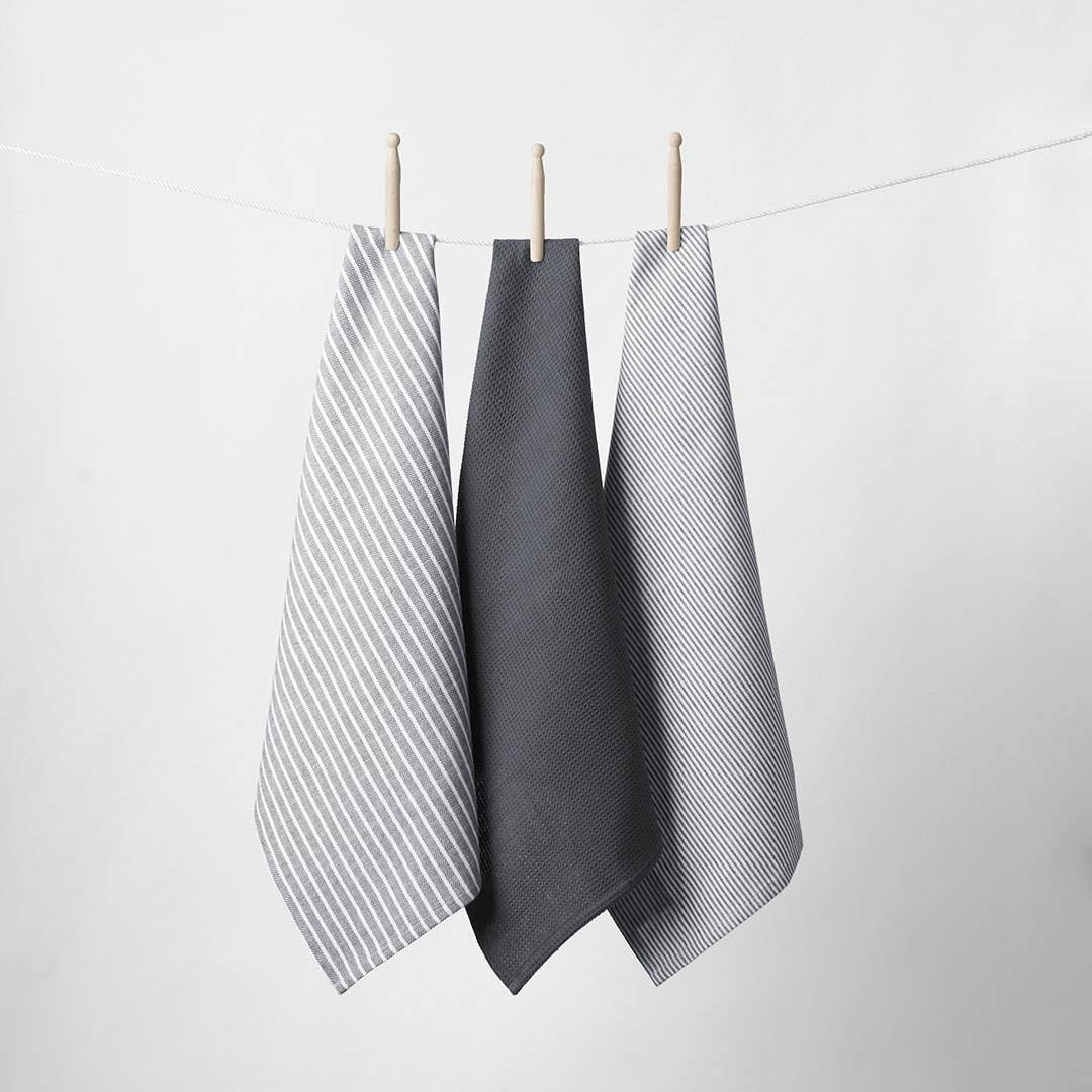 Yarn Dye Stripe Tea Towel Set Of 3 - Charcoal